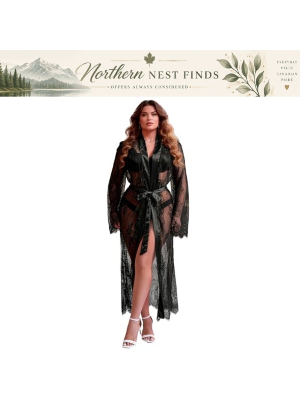 Long Lace Kimono Robe Satin Trim Eyelash Lace Open Front Sleepwear
